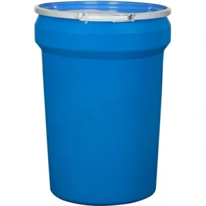 30gal blue plastic drum taper sided un rated cover with metal lever lock 99g334.webp