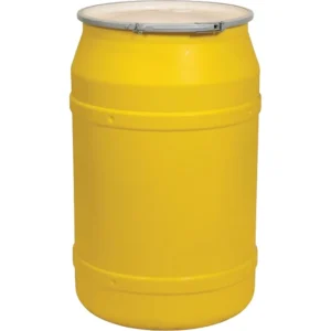 55 gallon yellow plastic drum taper sided un rated cover with metal lever lock 2 inch and 0.75 in.webp